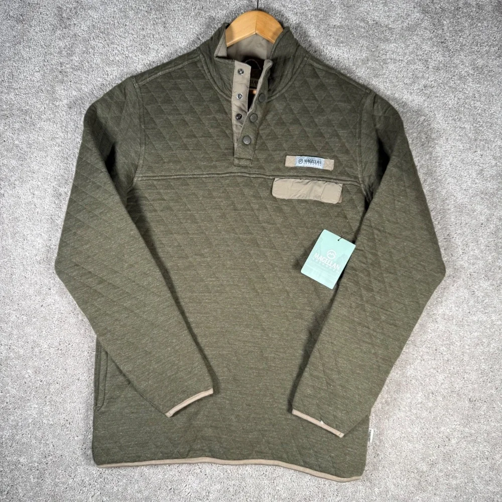 NWT Magellan Outdoors Men's Small Quilted Snap Neck Pullover Green Classic Fit